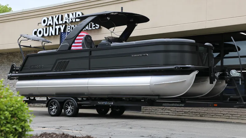 Slide: The Image of 2025 Viaggio Diamante UWA pontoon boat on trailer at Oakland County Boat Sales. - 12