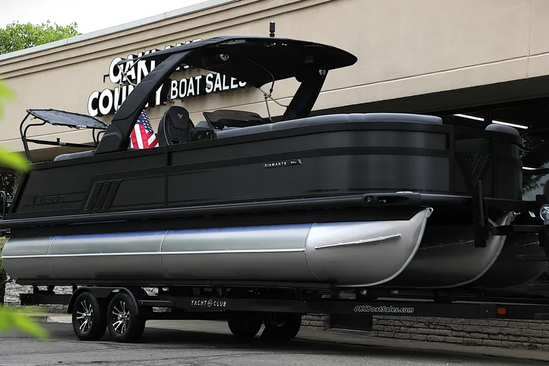 Slide: The Image of 2025 Viaggio Diamante UWA pontoon boat on trailer at dealership. - 24