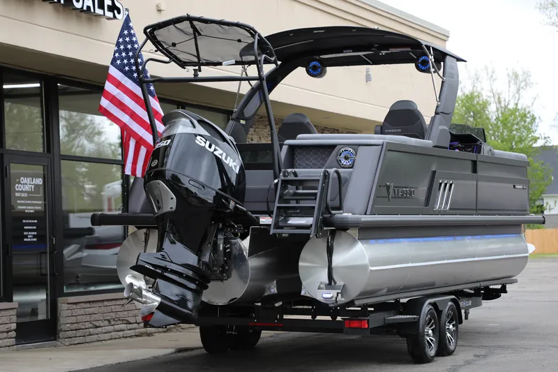 Slide: The Image of 2025 Viaggio Diamante UWA pontoon boat with Suzuki engine, displayed at Oakland County Boat Sales. - 9