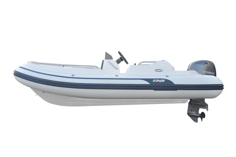 Slide: The Image of 2024 AB Inflatables Nautilus 15 DLX boat with Yamaha outboard motor, side view. - 22