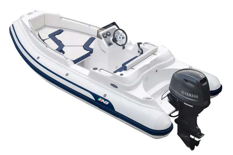 Slide: The Image of 2024 AB Inflatables Nautilus 15 DLX boat with Yamaha outboard motor, white and blue design. - 23