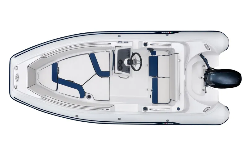 Slide: The Image of 2024 AB Inflatables Nautilus 15 DLX boat, top view, white and blue design. - 24
