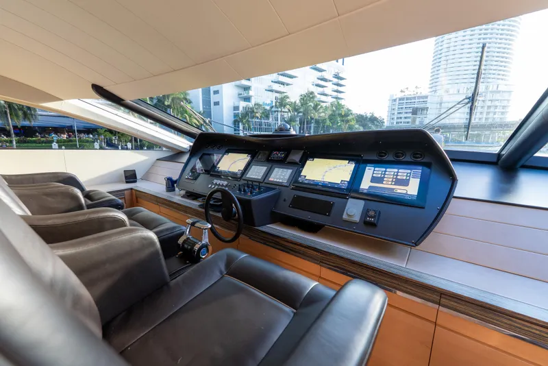 Slide: The Image of Luxurious 2012 Pershing 92 yacht cockpit with advanced navigation systems and plush seating. - 30