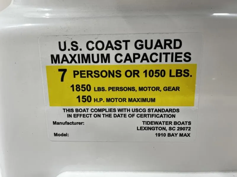 Slide: The Image of U.S. Coast Guard capacity label for 2025 Tidewater 1910 Bay Max boat. - 18