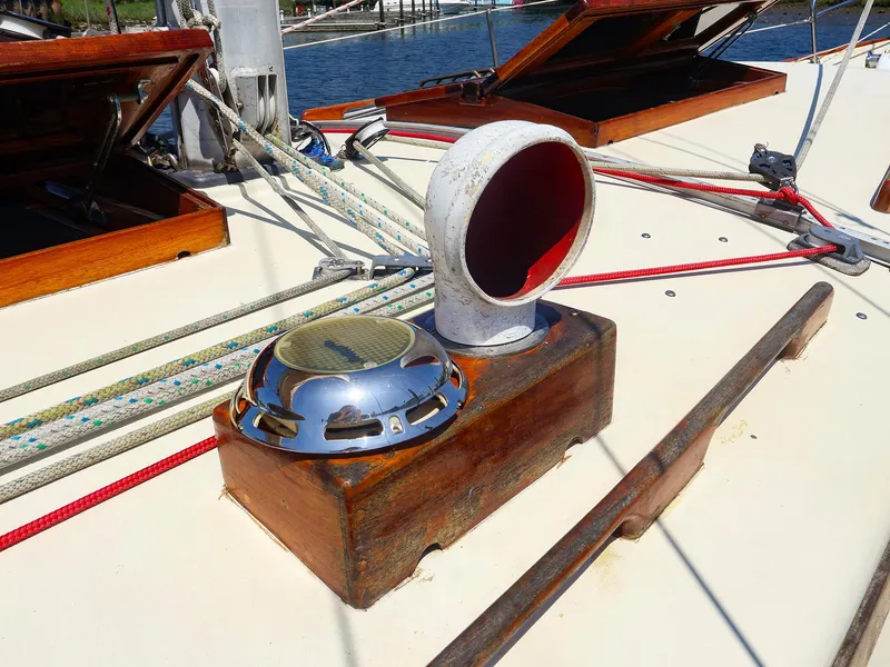Slide: The Image of Deck of 1987 Gozzard 36 sailboat with ropes and ventilation. - 15