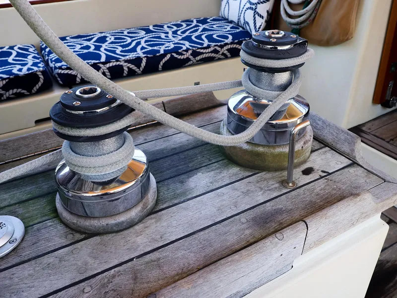 Slide: The Image of Winches and ropes on a 1987 Gozzard 36 sailboat deck. - 17