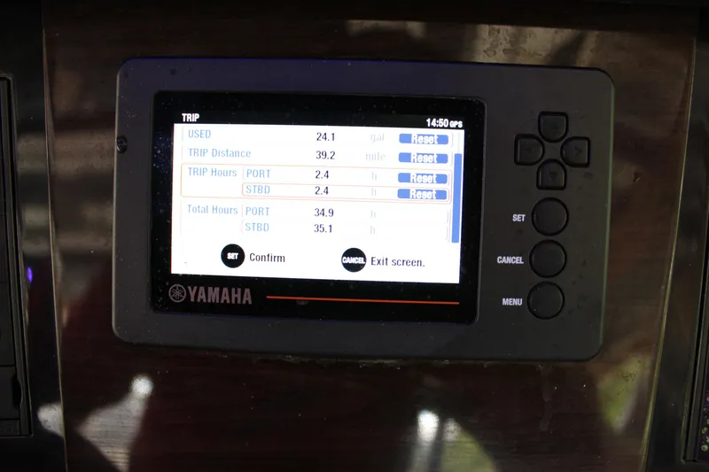 Slide: The Image of Yamaha display on 2021 Chaparral 280 OSX showing trip and engine data. - 28