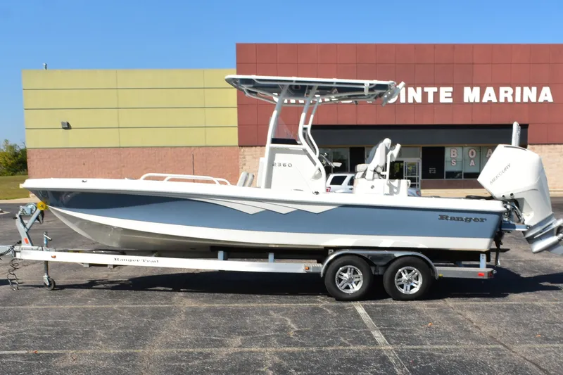 The Image of 2024 Ranger 2360 Bay Ranger boat on trailer outside marina. - 0