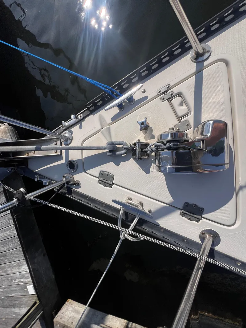 Slide: The Image of Deck view of a 1980 Pearson 32 sailboat with rigging and winch. - 6