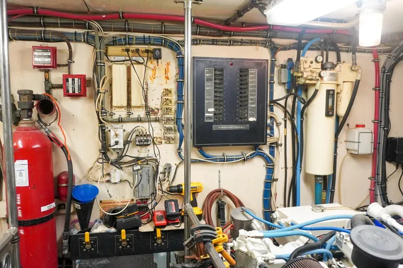 Slide: The Image of Engine room of 1990 Hatteras 62 Cockpit Motor Yacht with electrical panels and equipment. - 62
