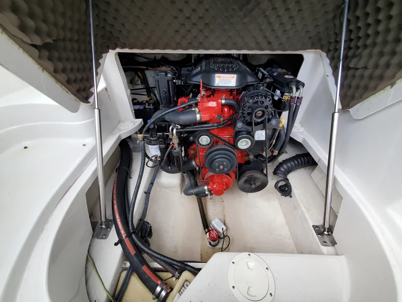 Slide: The Image of 2007 Crownline 220EX boat engine compartment with red engine and surrounding components. - 40