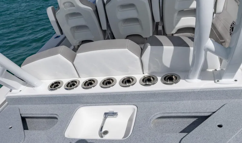 Slide: The Image of 2025 Blackwater 43 Sportfish boat interior with rod holders and seating. - 28