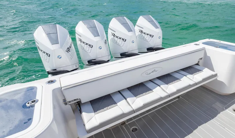 Slide: The Image of 2025 Blackwater 43 Sportfish boat with four powerful outboard engines on open water. - 35
