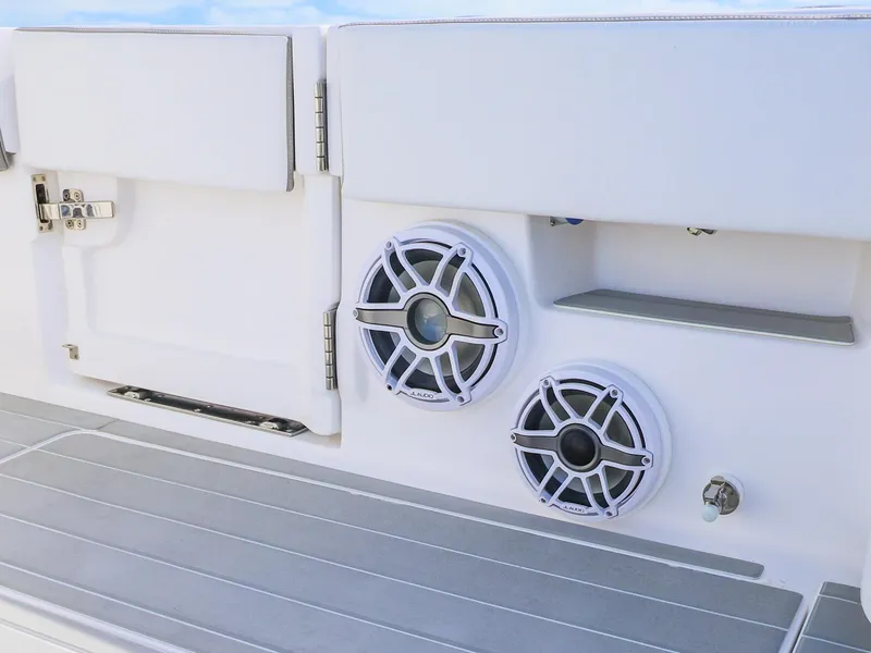 Slide: The Image of 2025 Blackwater 43 Sportfish boat speakers and storage compartment detail. - 46