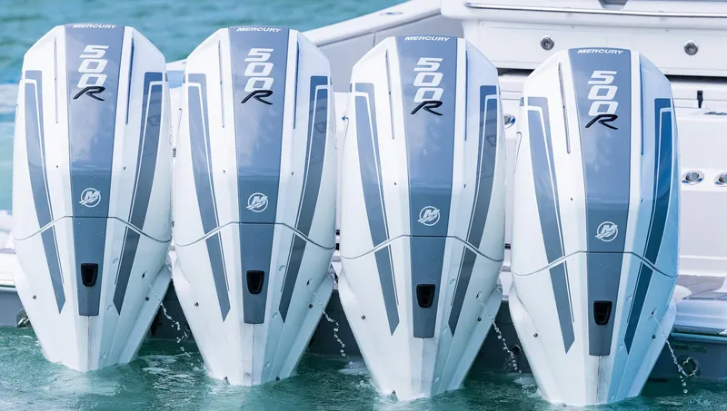 Slide: The Image of Four Mercury 500R outboard engines on a 2025 Blackwater 43 Sportfish boat. - 5