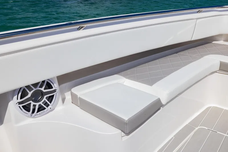 Slide: The Image of Luxurious seating on 2025 Blackwater 43 Sportfish boat with marine speaker. - 8