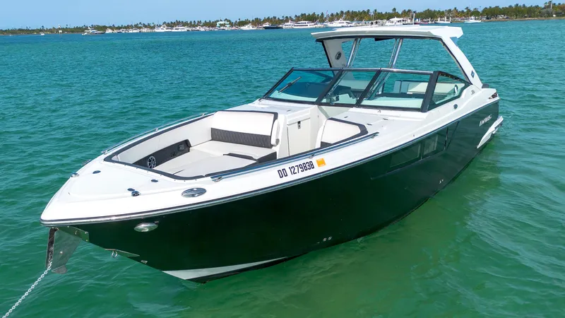 Slide: The Image of 2018 Monterey 378 Super Express boat on clear blue water. - 1