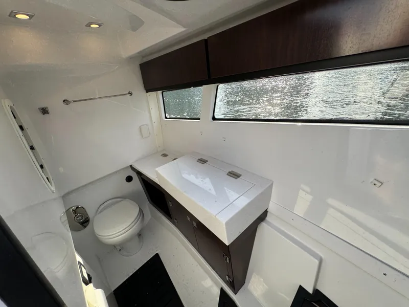 Slide: The Image of Luxurious bathroom interior of 2018 Monterey 378 Super Express yacht with modern fixtures. - 26