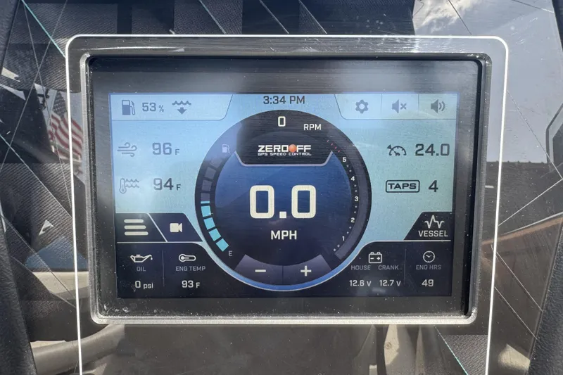 Slide: The Image of 2021 ATX Surf Boats 22 Type-S dashboard display showing speed, temperature, and fuel levels. - 13
