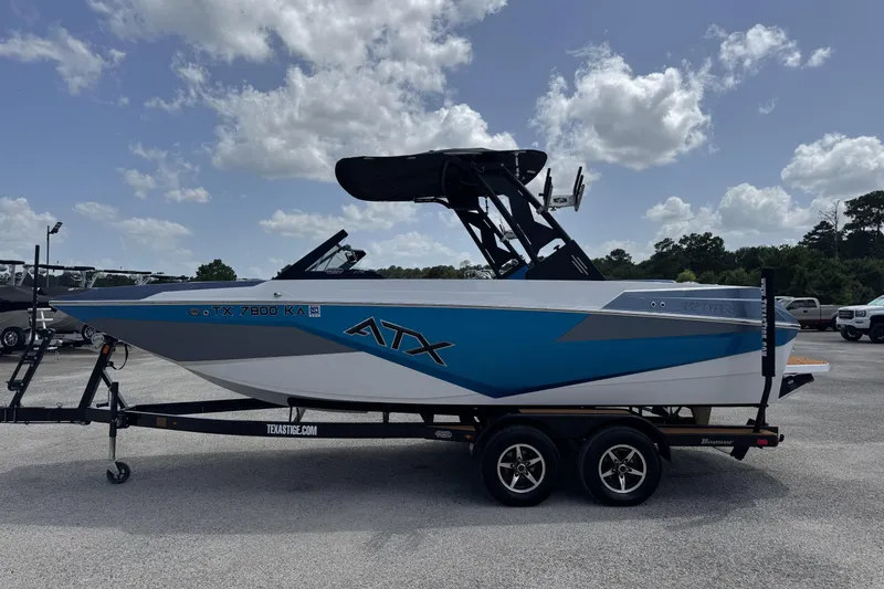 Slide: The Image of 2021 ATX Surf Boats 22 Type-S on trailer, blue and white design, parked outdoors. - 4