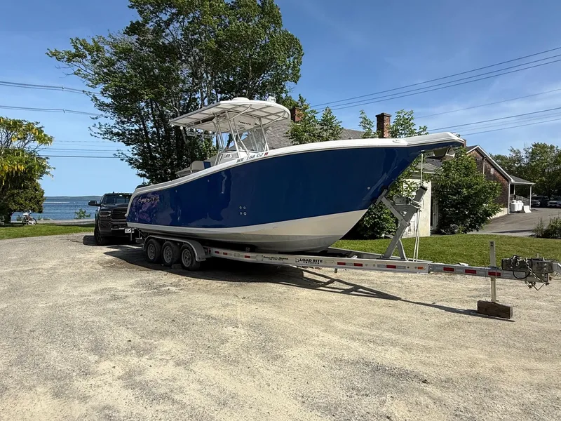 The Image of 2008 Pro-Line 29 Grand Sport boat on trailer, parked near a scenic waterfront. - 0