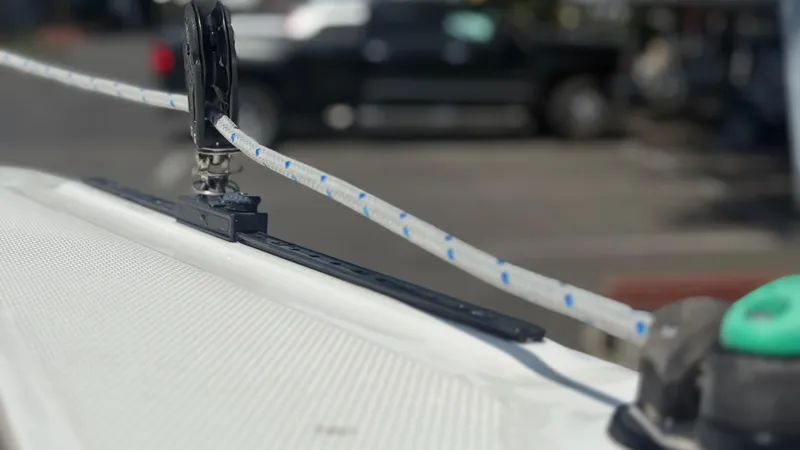 Slide: The Image of Close-up of a Marlow-Hunter 22 sailboat deck with rigging, 2011 model. - 13