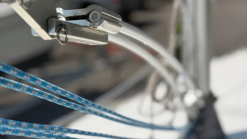 Slide: The Image of Close-up of Marlow-Hunter 22 sailboat rigging, showcasing ropes and metal fittings, 2011 model. - 14