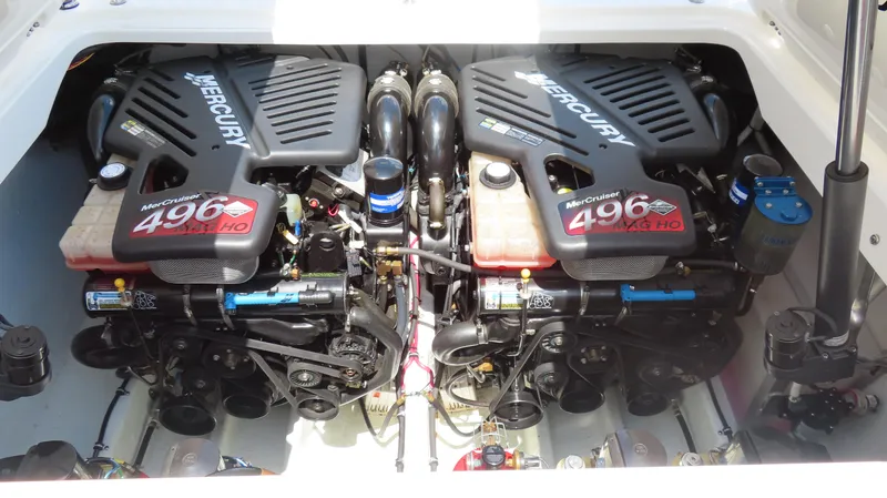 Slide: The Image of Twin Mercury MerCruiser 496 MAG HO engines in a 2004 Fountain 35 Executioner boat. - 24