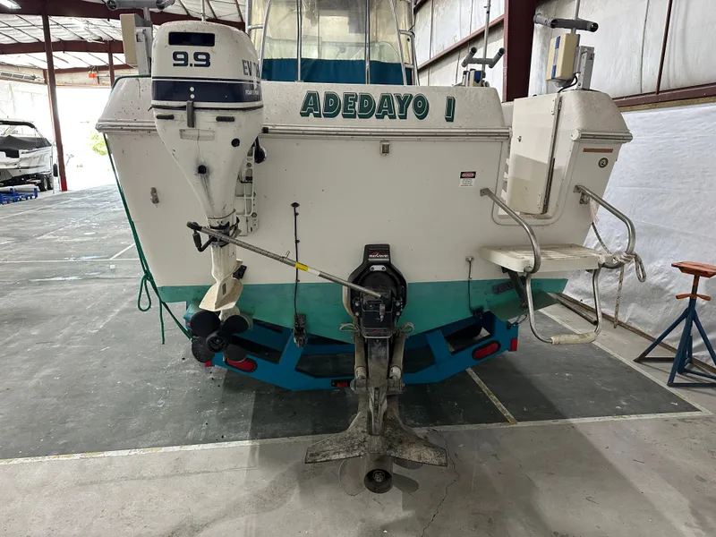 Slide: The Image of 1996 Pro-Line 251 Walkaround I/O boat in storage, featuring Evinrude 9.9 outboard motor. - 2