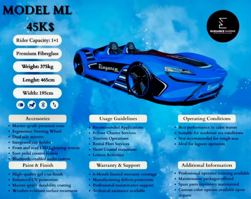 Slide: The Image of Fabbro Jet Car RR 2025: Blue marine vehicle, premium fiberglass, ergonomic design, ideal for calm waters. - 13