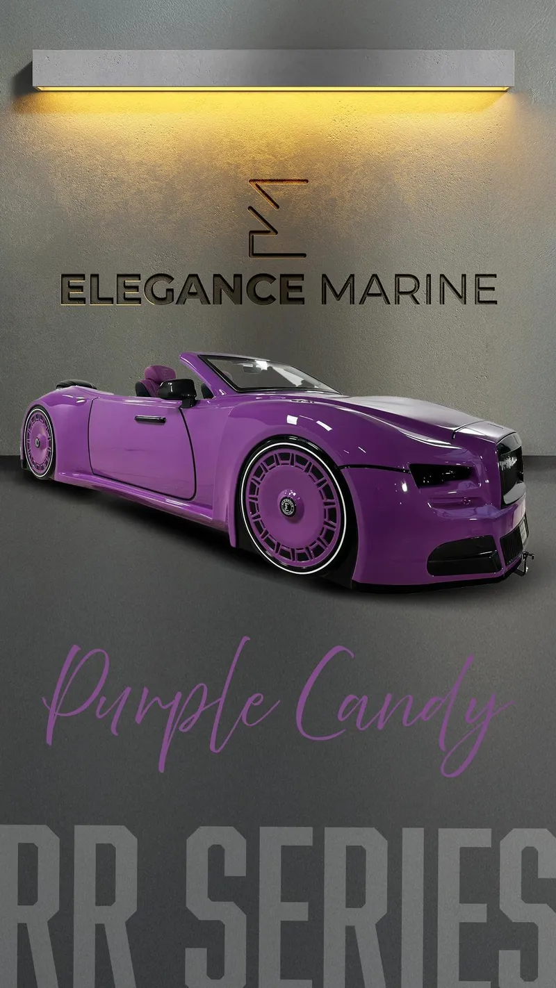 Slide: The Image of Purple Fabbro Jet Car RR 2025, Elegance Marine showroom, sleek design, "Purple Candy" theme. - 30