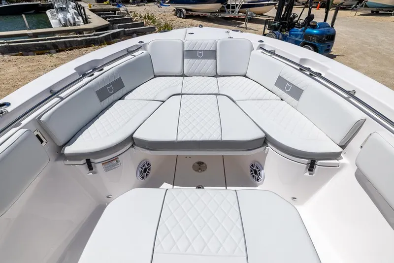 Slide: The Image of Luxurious seating area on 2026 Sea Fox 288 Commander boat, featuring elegant white upholstery. - 21