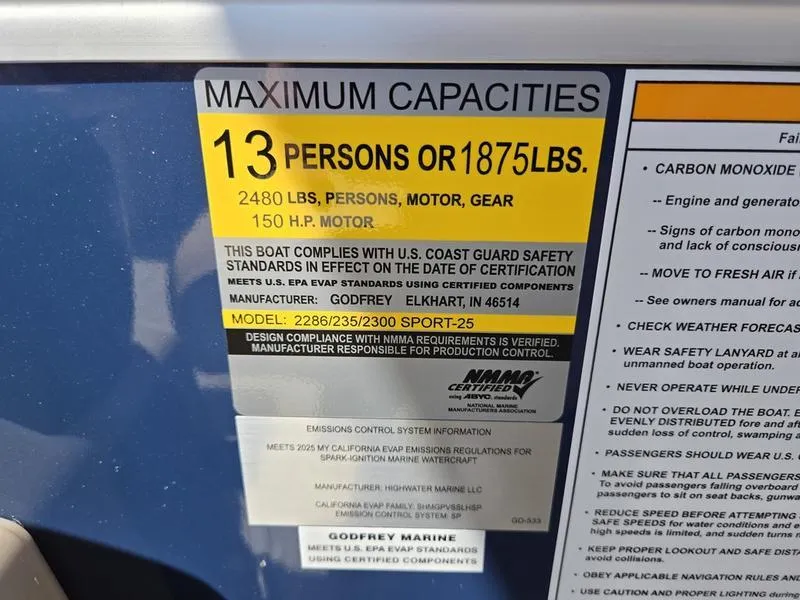 Slide: The Image of 2026 Godfrey Xperience 2286 SBX Sport Tube capacity label, 13 persons or 1875 lbs, 150 HP motor. - 13