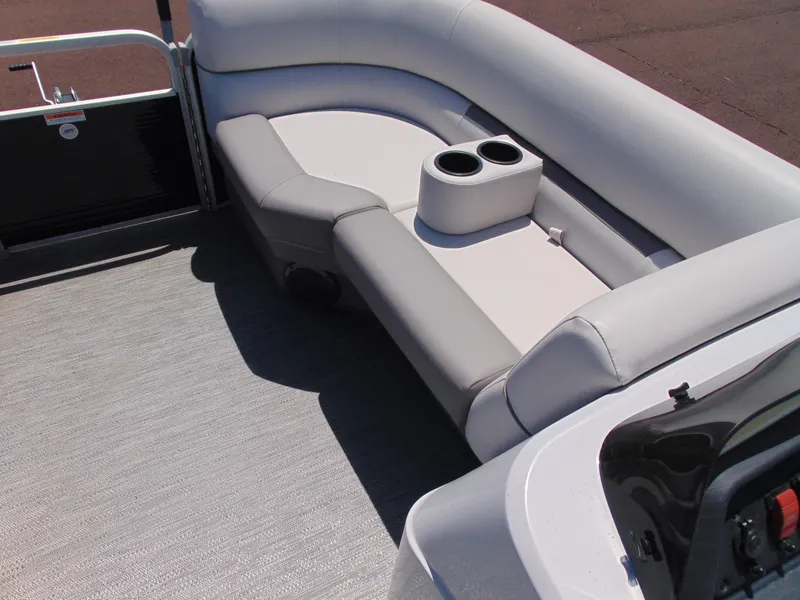 Slide: The Image of 2022 Godfrey Sweetwater 1880 CX boat interior with gray seating and cup holders. - 17