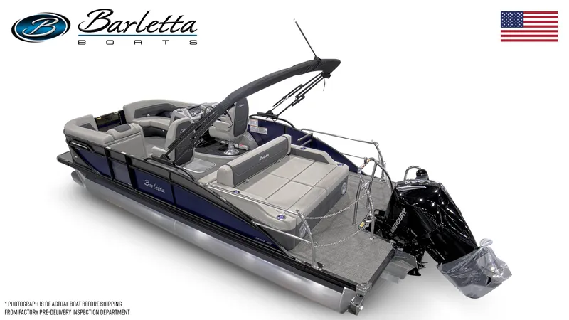 Slide: The Image of 2026 Barletta C22UC pontoon boat with sleek design and powerful outboard motor. - 5