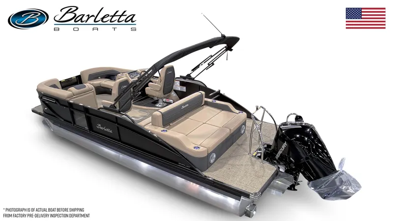 Slide: The Image of 2026 Barletta C22UC pontoon boat with luxurious seating and Mercury outboard motor. - 8