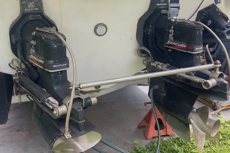 Slide: The Image of 1997 Baja 38 boat with dual Mercury MerCruiser outdrives, close-up view. - 26