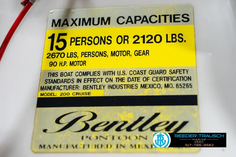 Slide: The Image of 2005 Bentley Pontoons 200 CRUISE capacity label, 15 persons or 2120 lbs, 90 HP motor. - 47