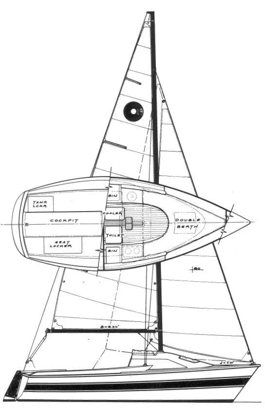 Slide: The Image of Blueprint of a 1986 O'Day 19 sailboat, showing interior layout and sail design. - 1