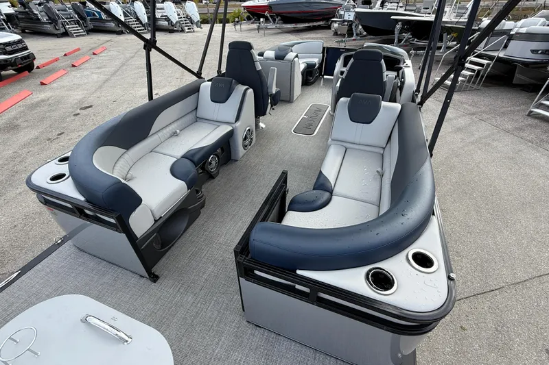 Slide: The Image of 2025 Avalon LSZ Quad Lounger 24' Tri Toon boat with luxurious seating and high-performance design. - 34