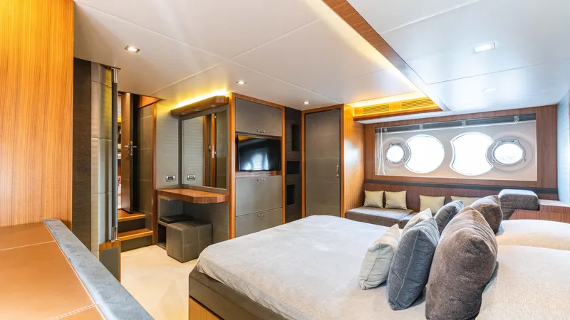Slide: The Image of Luxurious interior of 2016 Monte Carlo Yachts MCY 65 with modern design and elegant furnishings. - 46