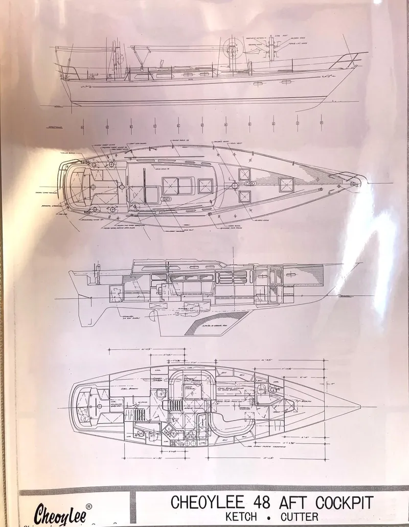 Slide: The Image of Blueprint of 1979 Cheoy Lee Aft Cockpit Cruising Ketch, showcasing detailed interior and exterior layouts. - 41