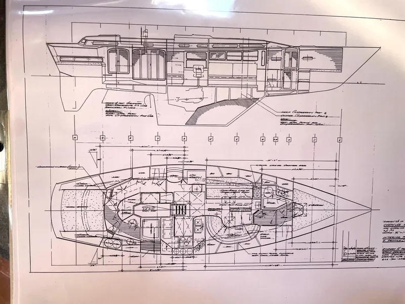 Slide: The Image of Blueprint of 1979 Cheoy Lee Aft Cockpit Cruising Ketch, detailed interior and exterior layout. - 42