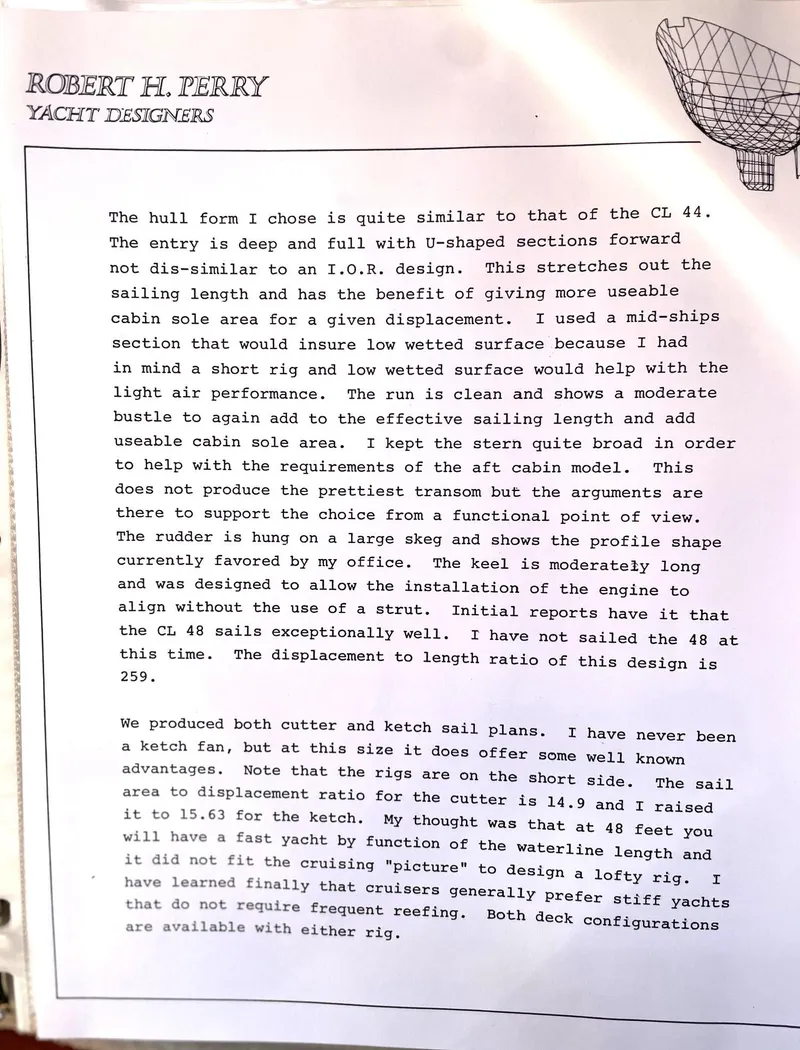 Slide: The Image of Yacht design document by Robert H. Perry for a 1979 Cheoy Lee aft cockpit cruising ketch. - 44