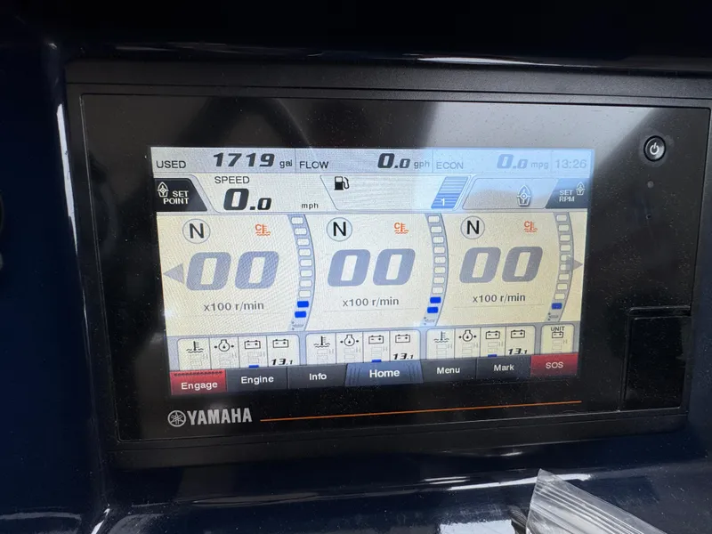 Slide: The Image of Yamaha display on 2019 Pursuit DC 365 Dual Console showing engine metrics and settings. - 21