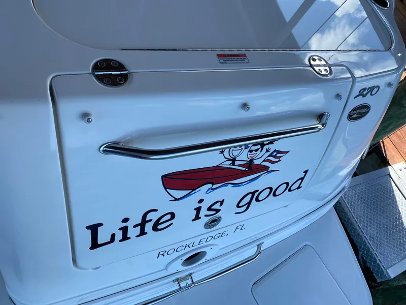 Slide: The Image of 2008 Sea Ray 270 Amberjack boat with "Life is good" text, Rockledge, FL. - 28