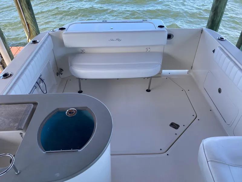 Slide: The Image of 2008 Sea Ray 270 Amberjack boat interior with seating and fishing station. - 6