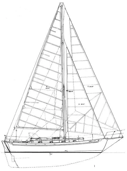 Slide: The Image of Blueprint of a 1979 Cape George 36 sailboat, showcasing detailed sail and hull design. - 24