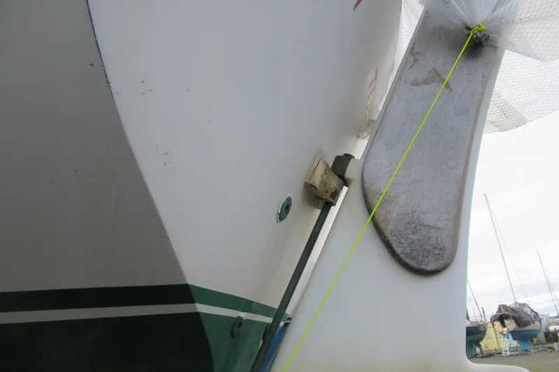 Slide: The Image of Close-up of 1979 Cape George 36 sailboat rudder and hull detail. - 27