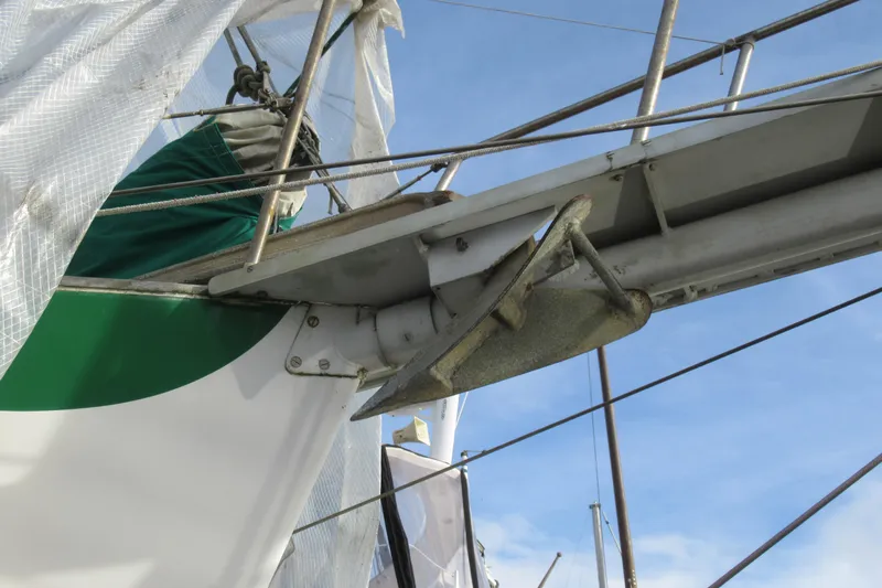 Slide: The Image of Close-up of a 1979 Cape George 36 sailboat's bow and anchor setup. - 37